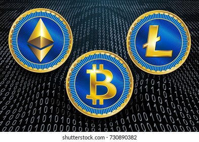 Virtual symbols of the coin bitcoin, litecoin and ethereum on  binary code background. Crypto currency.