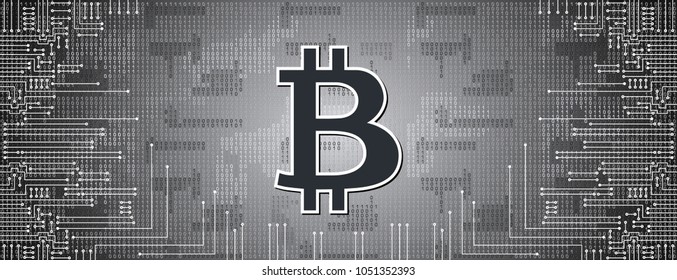 Virtual symbols of the coin bitcoin on binary code background. Crypto currency.