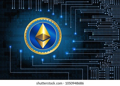 Virtual symbols of the coin ethereum on binary code background. Ether crypto currency.