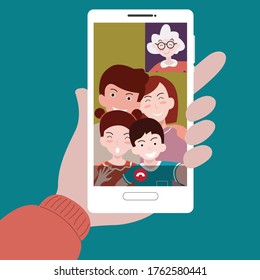 Virtual talking between grandmother and family using video chat conference by phone. Home quarantine or prevention of coronavirus infection (virus covid-19). Group of people smart working