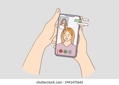 Virtual Talking And Chat With Friends During Covid-19 Concept. Human Hand Using Video Chat Conference Call With Friends On Smartphone With Special App Vector Illustration 