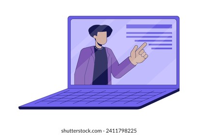 Virtual teacher laptop 2D linear cartoon object. Seminar e-learning. Online lecturer notebook isolated line vector element white background. Distance lecture webinar color flat spot illustration