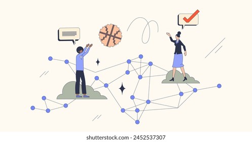 Virtual team building activity for bonding neubrutalism tiny person concept. Distant corporate employee connection event with fun online e-games vector illustration. Solidarity and teamwork boost.