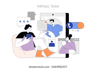 Virtual Team collaboration. A contemporary approach to remote work with seamless digital interactions and document sharing. Team synergy in a virtual space. Vector illustration.