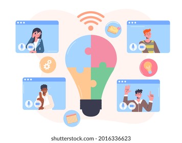 Virtual team concept. Employees work on the project remotely. Cooperation by video call. Brainstorming and idea generation. Cartoon modern flat vector illustration isolated on white background