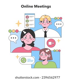 A virtual team engaged in an online meeting, with speech bubbles and video icons illustrating dynamic remote communication. Flat vector illustration.