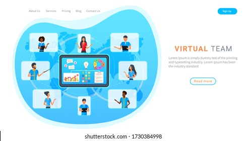 Virtual team having online meeting with clients, working from home. Business people on laptop screen talk to each other in video call. Woman having video conference with colleagues. Videoconferencing
