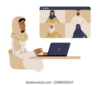 Virtual Team Meeting With Female Professional Using Laptop In Flat Vector Illustration Symbolizing Remote Work, Online Collaboration, And Digital Communication, Isolated On White Background