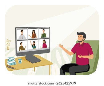 Virtual Team Meeting with People Interacting on a Video Conference Call. Bearded smiling guy talking with colleagues during Virtual Team Meeting video conference. 