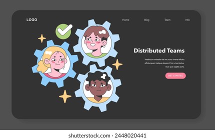 A virtual team member showcases secure VPN access, symbolizing encrypted online workspaces. Flat vector illustration, web or landing