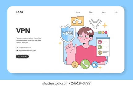 A virtual team member showcases secure VPN access, symbolizing encrypted online workspaces. Flat vector illustration, web or landing