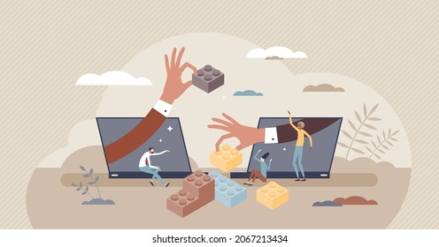 Virtual Teambuilding As Distant Partnership Training Game Tiny Person Concept. Colleague Interaction Or Cooperation Skill Improvement With Creative And Fun Communication Experience Vector Illustration