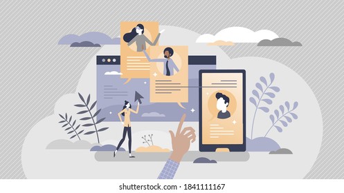 Virtual Teams As Distance Talking Or Chatting Method Tiny Person Concept. Work From Home Strategy Using Online Technologies For Teamwork Communication Vector Illustration. Digital Social Contact Scene