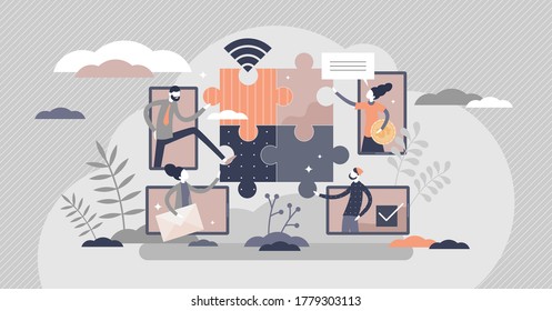 Virtual Teams Distance Working As Puzzle Solving Scene Tiny Persons Concept. Collaboration Using Communication Technologies Vector Illustration. Abstract Symbolic Teamwork With Remote Office Strategy.