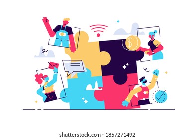 La distancia de los equipos virtuales funciona como el concepto de personas diminutas que resuelve el rompecabezas. Colaboración mediante la utilización de tecnologías de comunicación ilustrativas vectoriales. Resumen del trabajo en equipo simbólico con la estrategia de oficinas remotas.