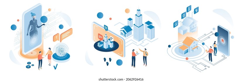 Virtual technologies, flat vector isometric illustration. Virtual assistant, smartphone navigation app, internet of things, smart home.