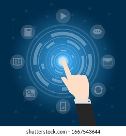 virtual technology background with icons and hands