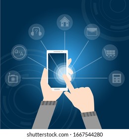 virtual technology background with touching smartphone and icons