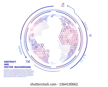 Virtual technology interface, hexagonal grid abstract vector globe