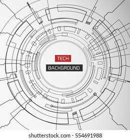 Virtual technology modern background with monochrome outlined circles detailed lines and editable center title vector illustration