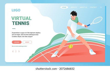 Virtual Tennis championship and tournament, man playing tennis in the court landing page banner illustration. used for landing page image, and other