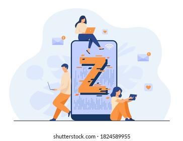 Mensajes virtuales de personas pequeñas en medios sociales ilustraciones vectoriales planas. Personajes cerca de un enorme smartphone. Tendencia demográfica moderna con generación juvenil progresiva. Concepto de generación Z y tecnología digital