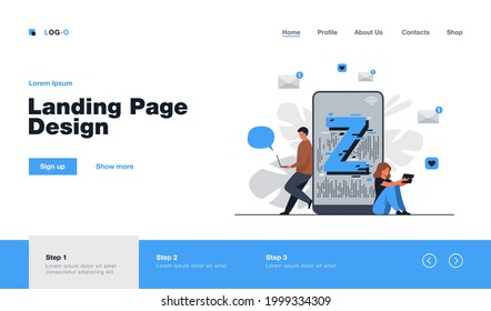Virtual tiny people messaging in social media flat vector illustration. Characters near huge smartphone. Modern demography trend with progressive youth gen. Z generation and digital technology concept