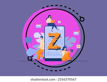 Virtual tiny people messaging in social media flat vector illustration. Characters near huge smartphone. Modern demography trend with progressive youth gen. Z generation and digital technology concept