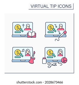 Virtual Tips Color Icons Set. Online Contributions For Priest, Musicians, Singers And Craft Hobby Creators. Donations Concept. Isolated Vector Illustrations. Editable Stroke