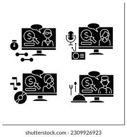 Virtual tips glyph icons set. Online contributions for sportsmen, podcasters, music makers and chefs. Donations concept.Filled flat signs. Isolated silhouette vector illustrations