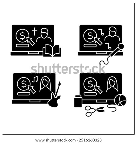 Virtual tips glyph icons set. Online contributions for priests, musicians, singers and craft hobby creators. Donations concept.Filled flat signs. Isolated silhouette vector illustrations