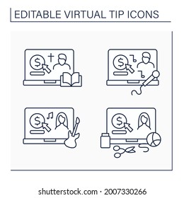 Virtual Tips Line Icons Set. Online Contributions For Priest, Musicians, Singers And Craft Hobby Creators. Donations Concept. Isolated Vector Illustrations. Editable Stroke