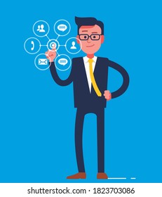 Virtual touch screen. Digital virtual interface. Future network button. Cybersecurity. Online purchase. Businessman.
