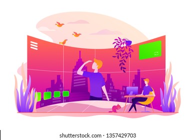 Virtual tour, 3d reality tours, virtual reality walk concept. Colorful vector isolated concept illustration with tiny people and floral organic elements. Hero image for website.
