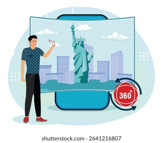Virtual tour concept. A man interacts with a virtual reality experience featuring the Statue of Liberty in a digital environment.