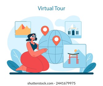 Virtual Tour concept. Woman navigates global landmarks from pyramids to palaces with virtual reality, enriching travel from home. Vector illustration.