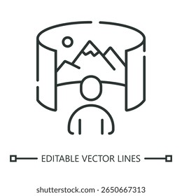 Virtual tour icon. Virtual tour icon shows person exploring stunning virtual mountain landscape, perfect for travel websites, virtual reality platforms, and tourism blogs.