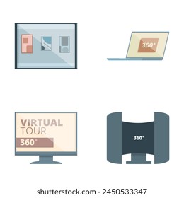 Virtual tour icons set cartoon vector. Online art gallery tour. Internet technology