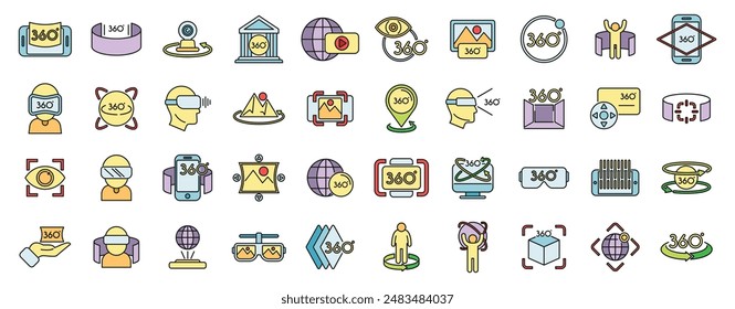 Virtual tour icons set outline vector. Video arrow. App design thin line color flat on white