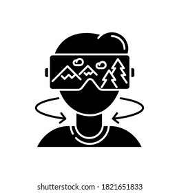 Virtual Tourism Black Glyph Icon. Modern Vacation, Interactive Digital Tour Simulation. Silhouette Symbol On White Space. Immersive Experience. Tourist In VR Headset Vector Isolated Illustration