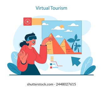 Virtual Tourism concept. Woman experiencing ancient Egypt through virtual reality, a modern take on travel. Vector illustration.