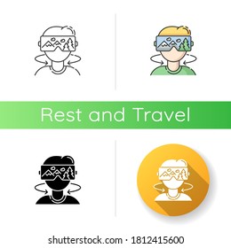 Virtual Tourism Icon. Linear Black And RGB Color Styles. Modern Vacation, Interactive Digital Tour Simulation.. Immersive Experience. Tourist In VR Headset Isolated Vector Illustrations