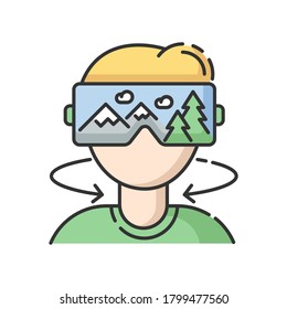 Virtual Tourism RGB Color Icon. Modern Vacation, Interactive Digital Tour Simulation.. Immersive Experience. Tourist In VR Headset Isolated Vector Illustration