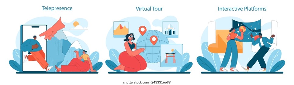 Virtual Tourism set. Seamless telepresence, engaging virtual tours, and dynamic interactive platforms for global exploration. Vector illustration.