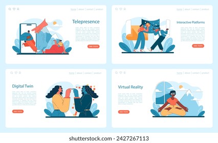 Conjunto de turismo virtual. Telepresencia, plataformas interactivas, gemelos digitales y realidad virtual revolucionan las experiencias de viaje. Ilustración vectorial.