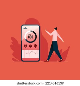 Virtual Trainer Application Illustration, Women Using Smart Phone With Pedometer For Counting Steps Vector Concept