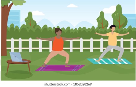 a virtual trainer/online instructor guiding the firends doing yoga in their backyard, in this illustration