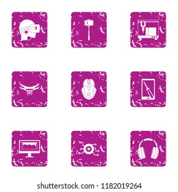 Virtual training icons set. Grunge set of 9 virtual training vector icons for web isolated on white background
