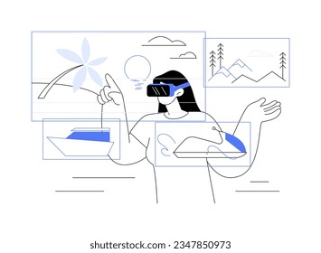 Virtual travelling abstract concept vector illustration. Smiling woman in VR glasses, travelling simulation, virtual and augmented reality, modern technology, leisure industry abstract metaphor.