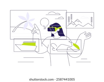 Virtual travelling abstract concept vector illustration. Smiling woman in VR glasses, travelling simulation, virtual and augmented reality, modern technology, leisure industry abstract metaphor.